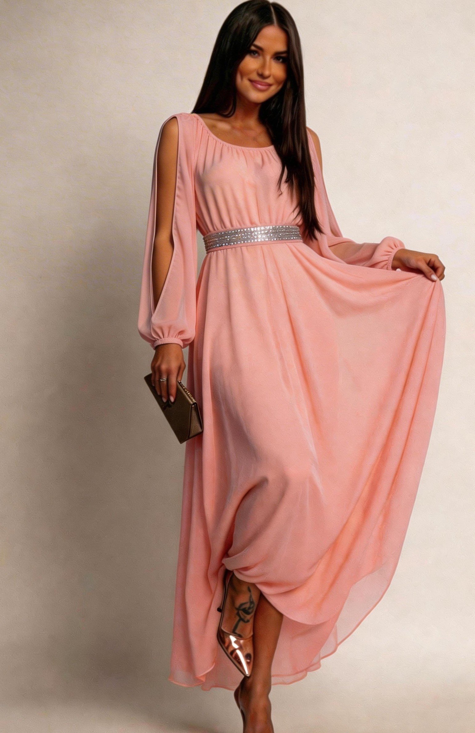 rochie roz scurta eleganta Rochie lunga roz pal din voal vaporoasa Afrodita